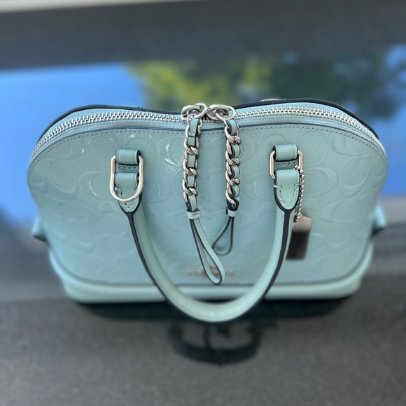 COACH MINI SIERRA SATCHEL IN SIGNATURE DEBOSSED PATENT LEATHER F55450 SV/AQUA - Picture 4 of 14